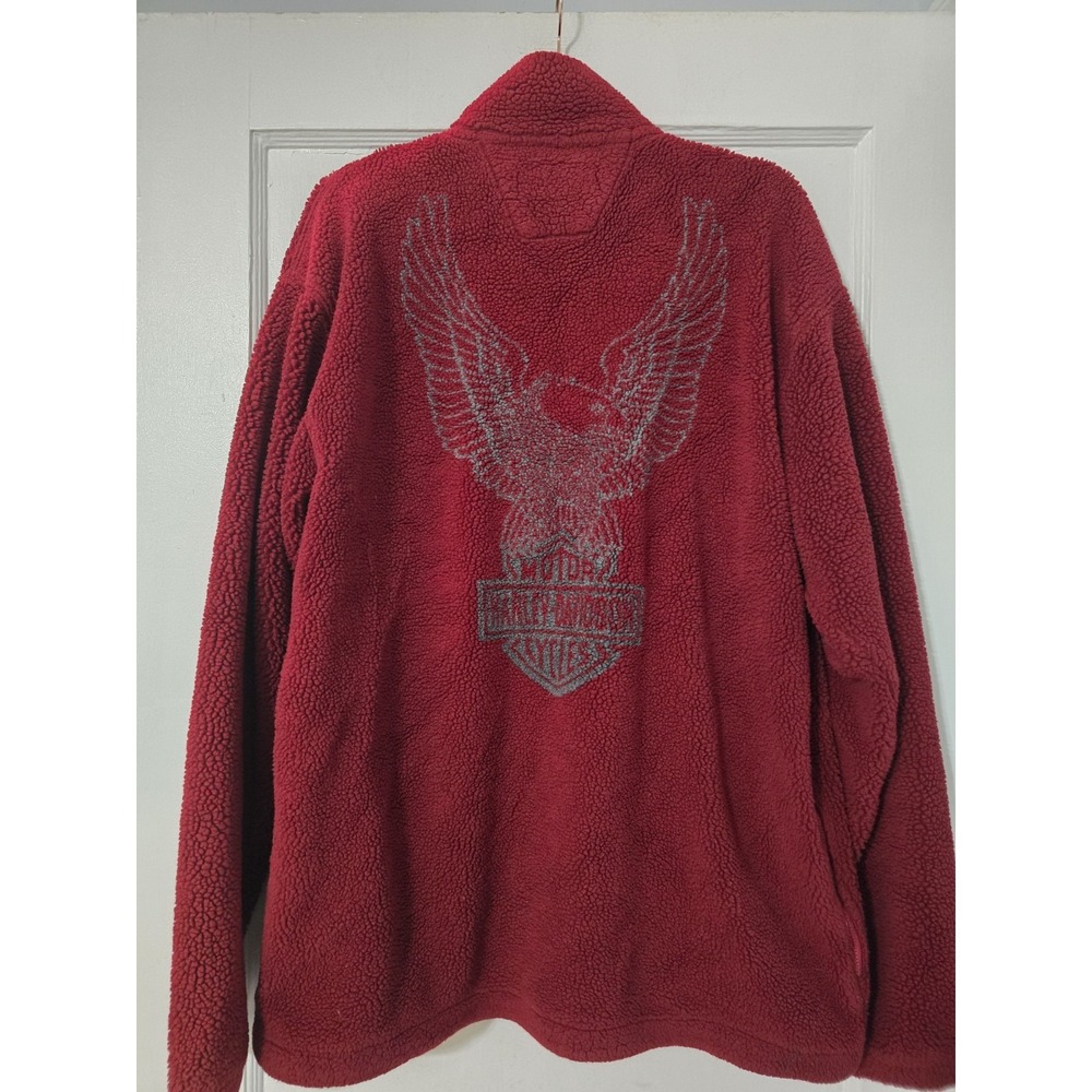 Harley Davidson Red Pullover 1/4 Zip‎ L Men's Long Sleeve Fuzzy Shaggy  Sweater - Picture 2 of 7